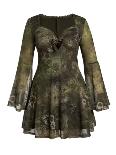 Image of BEAUDRM Women's Y2k Hippie Vintage Boho Dress Leopard Bell Long Sleeve V Neck Bow Mesh Goth Mini Dresses