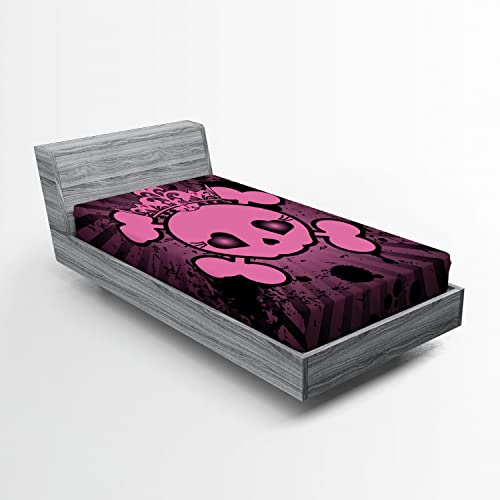 Ambesonne Pink 2 Pack Fitted Sheet, Skull Grunge Pop Art, Bed Cover All-Round Elastic Deep Pockets 2 Pieces, Package Contains 2 Twin Size Fitted Sheets, Pink Black