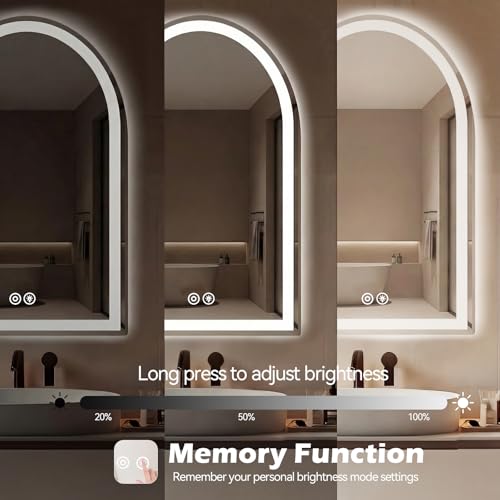 Image of Sweetcrispy 28 inchx36 inch LED Bathroom Backlit Mirror with Lights, Arched Vanity Mirror with Anti-Fog, Dimmable, 3-Color Light, Memory Function, Tempered Glass