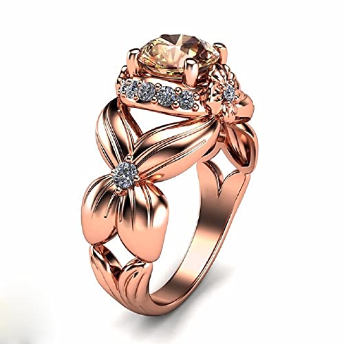 hsiyyecg Women's Rose Gold Plated Brilliant Round Cut Champagne Crystal Flower Ring Wedding Party Fashion Cocktail Jewelry (US Size 10)