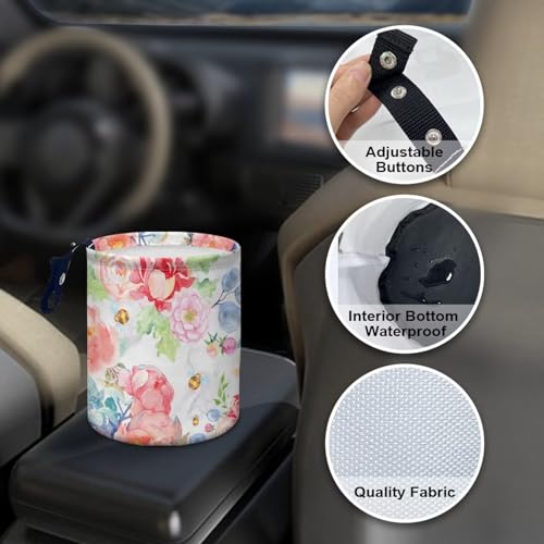 Image of Portable Dustbin Bin Waste Basket Pink Red Flowers Car Accessories Interior Foldable Car Trash Can Collapsible Waste Basket Bin Small Trash Can