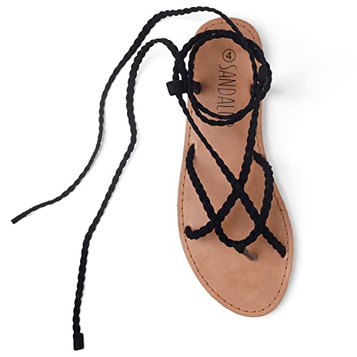 Image of Trary Womens Woven Braided Lace Up Flat Sandals Strappy Gladiator Open Toe Tie Up Ankle Wrap Summer Cute Flats Comfortable Casual Beach Vacation Dressy Walking Shoes