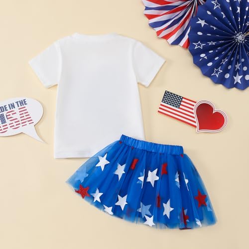 Image of Toddler Girl 4th of July Outfit American Flag Shirt+ Star Tutu Skirt Independence Day Clothes