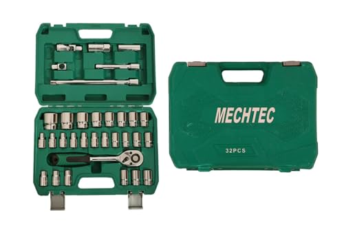 Image of 32 Piece Socket Set, 1 /2 inch Drive, Chrome Vanadium Steel, with Ratchet Handle, Hex (6PT) & Bihex(12pt) Sockets,universal joint,t bar, Extension Bars, in Blow Moulded Case