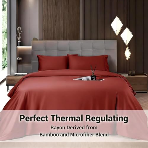 Image of Shilucheng 4 Piece California King Sheet Sets, Cooling Sheets, Blend Rayon Derived from Bamboo, Deep Pocket Up to 16 inch, Breathable & Soft Bed Sheets, Hotel Silky Bedding Set, Burgundy