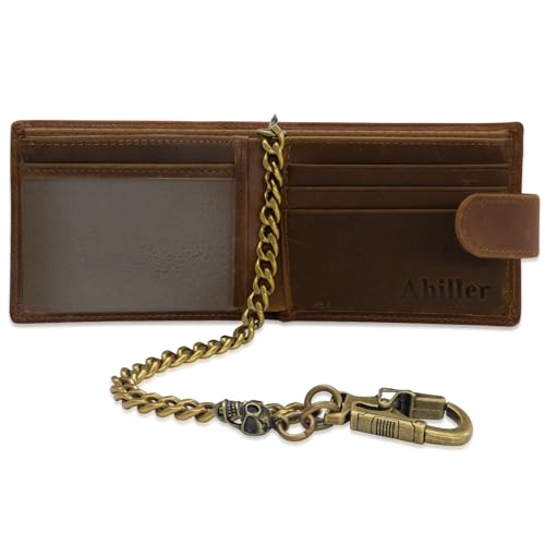 Ahiller Chain Wallet for Men Genuine Crazy Horse Leather Mens Bifold Wallets with Detachable Anti-Lost Double Locking Stainless Steel Carabiner Wallet Chain,Men's Gift-Coffee