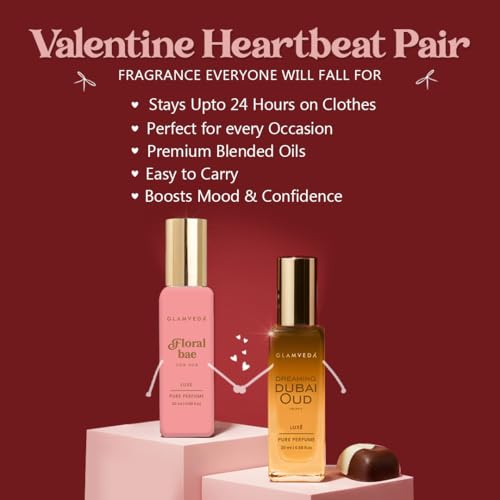 Image of Glamveda Valentine Luxury Perfume Couple Gift Set | Floral Bae & Dubai Oud Long Lasting 2x20ml | Valentine Day Gift for Her & Him | Floral, Fruity & Oud Premium Pure Perfume for Man & Woman