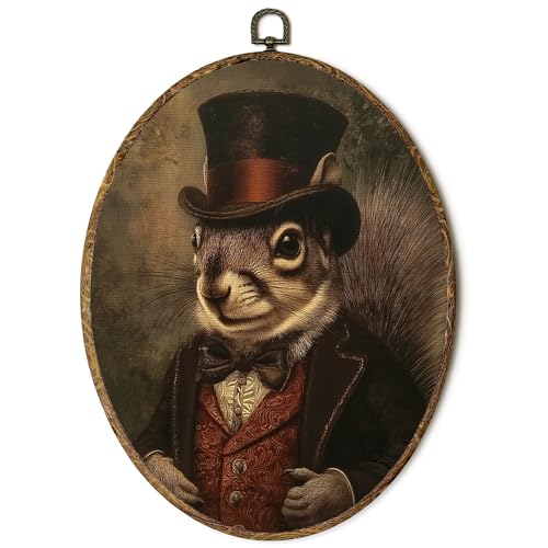 Image of FSTCSV Vintage Victorian Squirrel Oval Wall Art Framed, Dark Moody Mr. Squirrel Canvas Prints Wall Hanging Art, Aristocratic Cabin Animal Oval Walls Decor for Home Bedroom, 8.8x11.5in