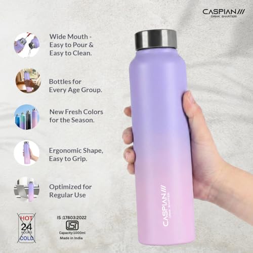 Image of CASPIAN / / / Astra ISI Certified Stainless Steel Water Bottle 1 ltr. (Orchid, 1 Litre) | Leak Proof Thunder for Fridge Home Office Travel School Kids Boys Girls Adults Sports Gym Yoga Gift | BPA Free