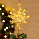DULEFUN Christmas Tree Topper Lighted 13.5” Gold Star Tree Toppers with 20 LED Lights Christmas Tree Top Ornament for New Year Holiday Home Office Indoor Decorations