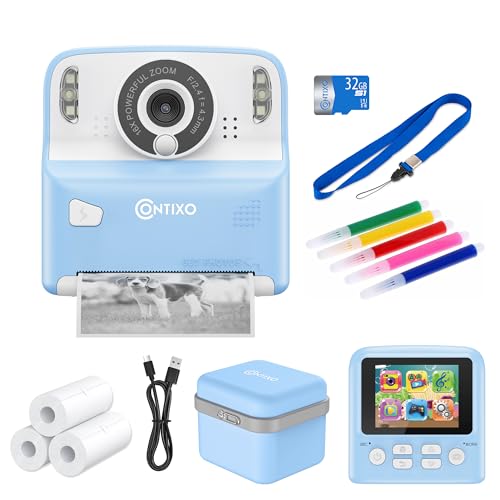 Contixo KC2 Kids Camera Instant Print- 2.4 Inch Screen Portable Selfie 1080P Digital Toy with 3 Rolls Print Paper, Children's Photo Cameras for Toddler Girls and Boys-Blue