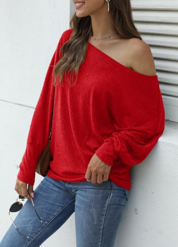 Image of Aifer Women's Off The Shoulder Tops Sexy Long Sleeve Shirts Oversized Fashion Casual Batwing Sweaters Pullover Tunic Tops