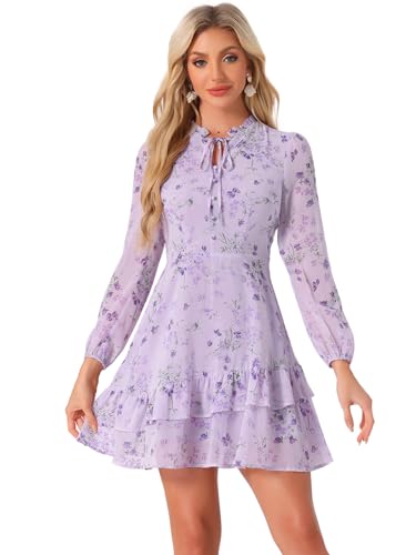 Allegra K Damen Langarm Stufenkleid Sommer Blumen V-Ausschnitt Halbtransparent Chiffon Minikleid Kleid Hell Lila M