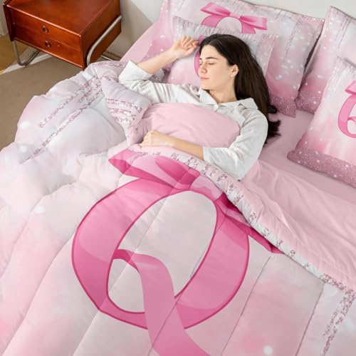 Image of Feelyou Boys Girls Pink Bowknot Comforter Set with Sheets Full Size, Personalized Initial 7 Pieces Bedding Set Princess Glitter Bed in A Bag Kids Bow Monogrammed Teens Bed Set Bedroom Decor 7Pcs