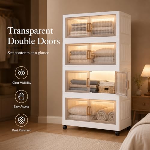 Image of KRISHYAM Modular Plastic Storage Cabinet with Translucent Doors & Wheels | Multi-Tier Clothes & Utility Organizer | Dustproof Freestanding Wardrobe (4 Layer - 4 Transparent Door (White))