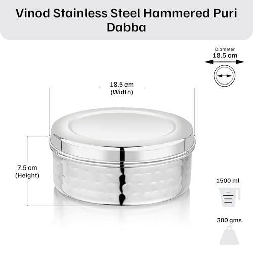 Image of Vinod Hammered Stainless Steel Puri Dabba | 1500ml Capacity, 18.5cm Dia | Hammered Finish Multipurpose Stainless Steel Flat Storage Container for Puri, Snacks, Dry Food, Tiffin & Travel Use