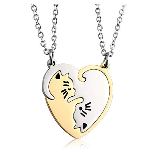 PiercingJ - 2PCS Bijoux Collier Pendentif Puzzle Coeur Separable Detachable Chat Acier Inoxydable Amitié Amoureux Couple avec 2 Chaines(Argnet) Cover