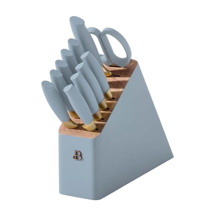Beautifull 12 Pc Cornflower & Gold Knife Block Set with Soft-Grip Ergonomic Handles by Drew Barrymore