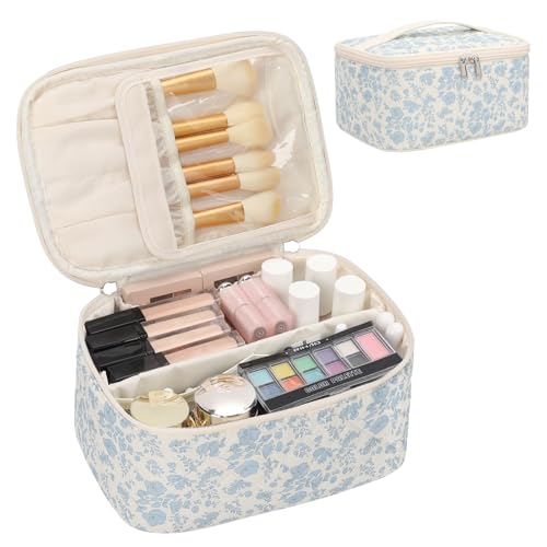 Trousse de maquillage, sac cosmétique portable, organisateur de maquillage de voyage de grande capacité, noir pour femmes sac de toilette pour filles voyageant avec poignée et séparateur, Imprimé
