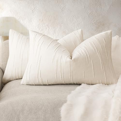 Image of Foindtower Pack of 2 Slubby Textured Chenille Throw Decorative Pillow Covers Lumbar Accent Solid Cushion Cover Neutral Farmhouse Pillow Case for Couch Sofa Bedroom Living Room 12x20 Inch,Cream White