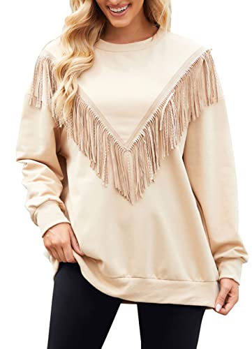 Pesion Womens Novelty Oversized Sweatshirt Crewneck Long Sleeve Fringe Trim Shirt Pullover Tops, Khaki, X-Large #TOP27