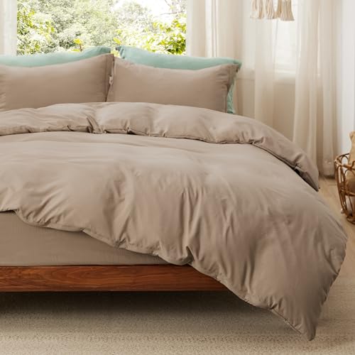 Image of Bedsure Duvet Cover Queen Size with Fitted Sheet - 4 Pieces Prewashed Cotton-Like Polyester Extra Soft Bedding Set, Includes 1 Duvet Cover 90x90 Inches, 2 Pillow Shams, 1 Fitted Sheet, Light Brown