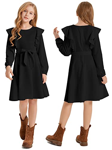 Quedoris Girls Ruffle Trim Dress Print and Solid Color A-line Swing Flared Belted Casual Party Dress with Zipper - Image 5