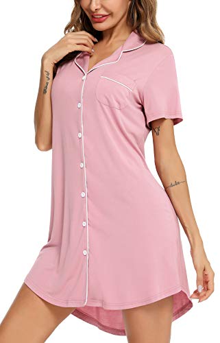 Image of Samring Pajama Nightgown for Women Short Sleeve Button Down Boyfriend Night Gown Nightdress Sleep Shirts