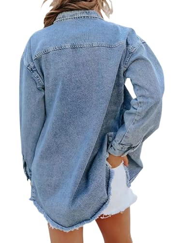 Expectatioin Denim Jacket, Jean Jacket Ripped Fringe, Shackets for Women 2025, Oversized Button down Casual Jean Shacket3