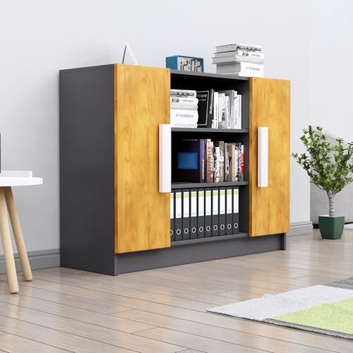 Image of Bniture Storage Cabinet Wooden Sideboard for Living Room with 3 Shelf & 2 Door | Multipurpose Book Shelf Storage Organizer Cabinet for Office Home Hallway Drawing Room Bedroom |Slate Grey & Giant Wood