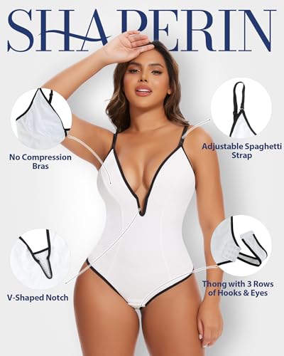Image of SHAPERIN Bodysuit for Women Shapewear Tummy Control Deep V Neck Plunge Sleeveless Backless Thong Body Suit Tank Top