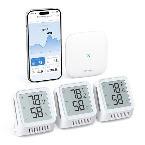 X-Sense WiFi Hygrometer Indoor Humidity with SBS50 Base Station, Smart Hygrometer Thermometer with App Notification, Temperature Sensor for Room Temperature Monitoring, 3 Sensors & 1 Base Station