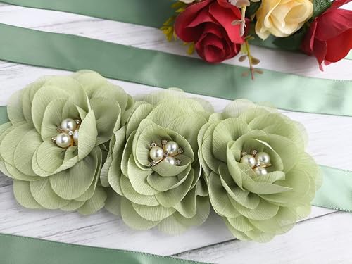 Flower Girl Sash Sage Green Flower Girl Sash Belt for Dress, Chiffon Pearl Floral Sash Belts for Bridesmaid/Bride Dresses3