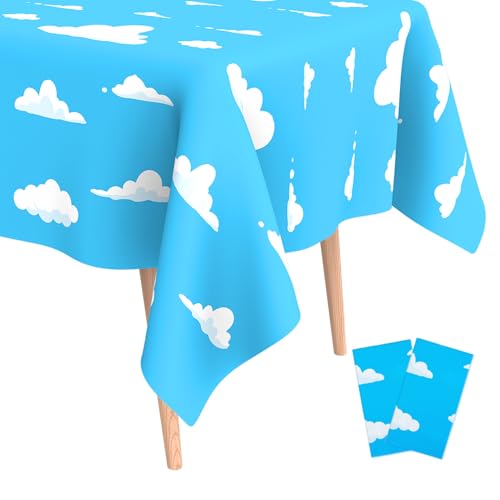 2Pcs Blue Sky and White Clouds Tablecloth Birthday Party Supplies 54x108 Inch Cartoon Story Tablecloth Cartoon Tablecovers Party Table Cover for Baby Boy Girl Kids Shower Birthday Party Decorations