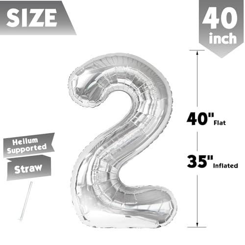 Image of 40 Inch Silver Number 2 Balloon Birthday Party Decorations for Men & Women