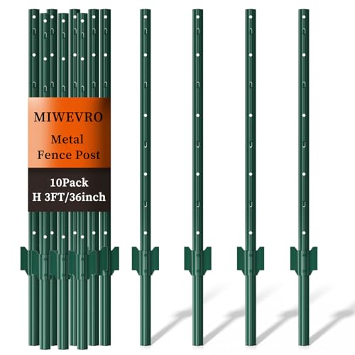 10 Pack Garden Fence Post, 3 Feet Heavy Duty Metal U-Post for Wire Fence, No Dig Garden Fence Stakes for Temporary Fencing, Electric Fence Wire, Corner Anchor, and More-Green