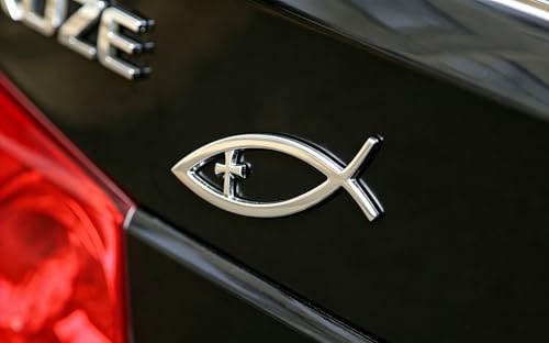Image of 3D Chrome Emblem Badge Sticker Christian Fish with Cross Chrome Emblem Decoration for Car, Truck, Motorcycle, RV, Scooter, SUV, Door, Window (Silver Christian Fish)
