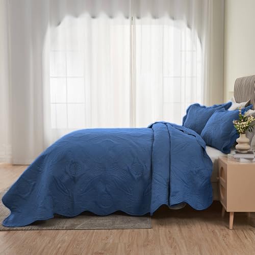 Image of Kingnex Oversized King Bedspreads 128x120 for Extra Wide Tall King or Cal King Bed Ultrasonic Quilted Coverlet Set 3 Piece Include 1 Quilt 2 Pillowcases Navy