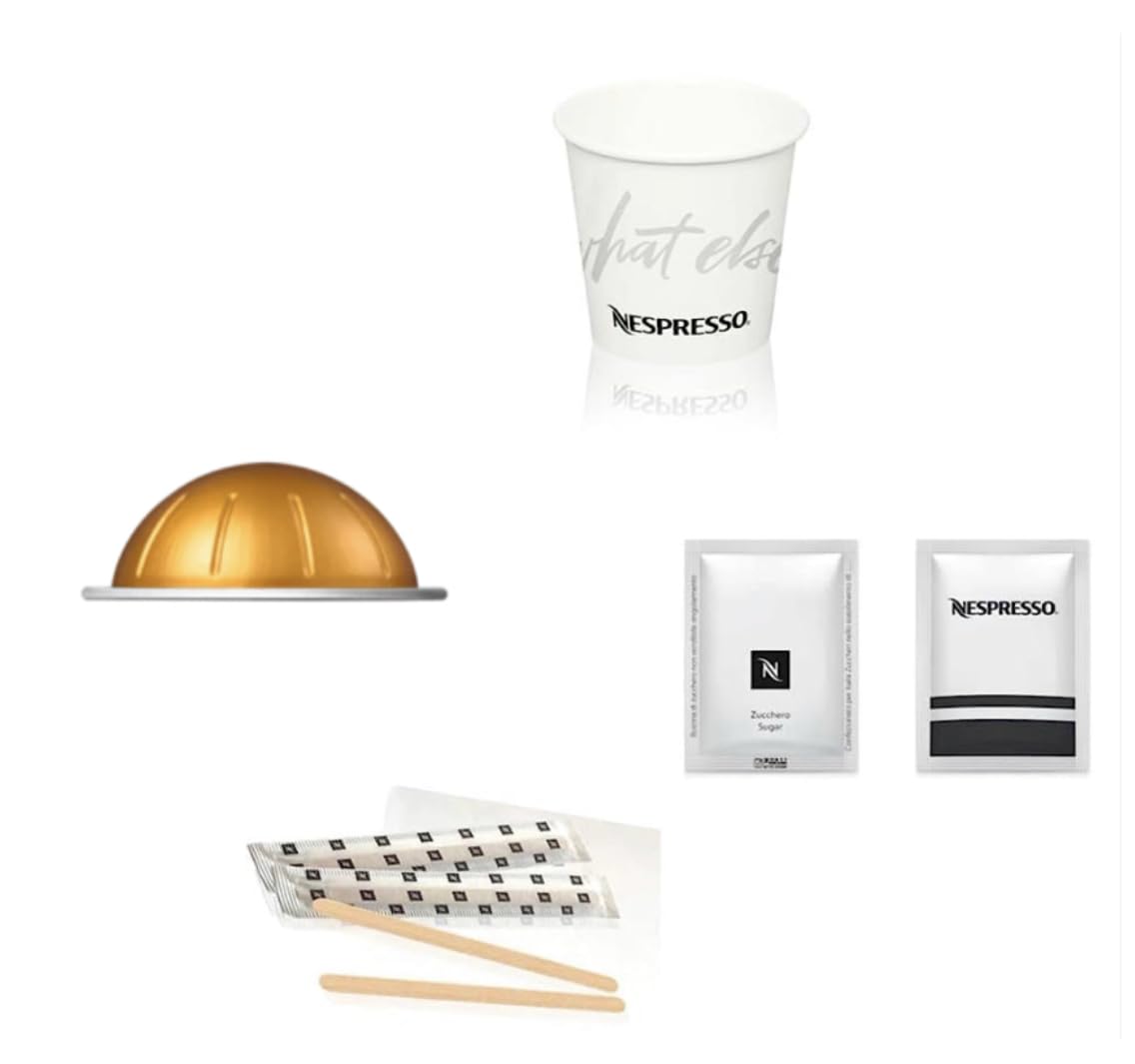 Nespresso VertuoLine Espresso Voltesso 50 cápsulas con kit de accesorios de café: 50 vasos de papel de 110 ml, 50 paletas de bambú y 50 bolsitas de azúcar blanco