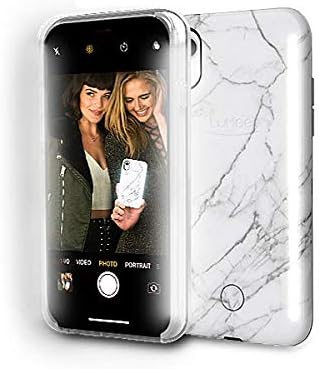 LuMee Duo Phone Case, White Marble | Front & Back LED Lighting, Variable Dimmer | Shock Absorption, Bumper Case, Selfie Phone Case | iPhone XR Only