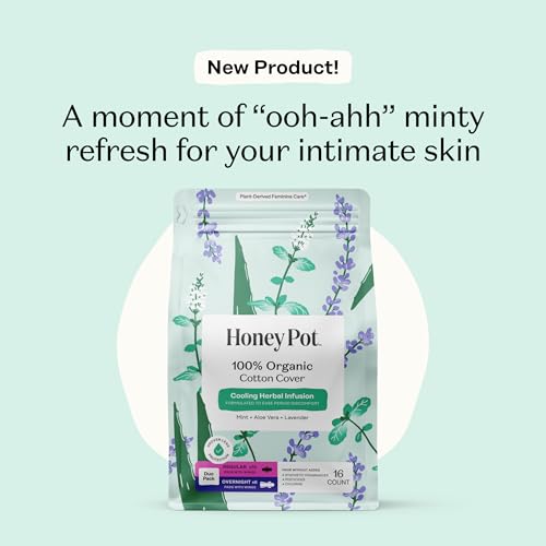 Image of Honey Pot - Herbal Sanitary Pads for Women - Regular & Overnight Flow w /Wings - Infused w /Essential Oils for Cooling Effect & Organic Cotton Cover - Medium Pack - Feminine Care - 16 ct