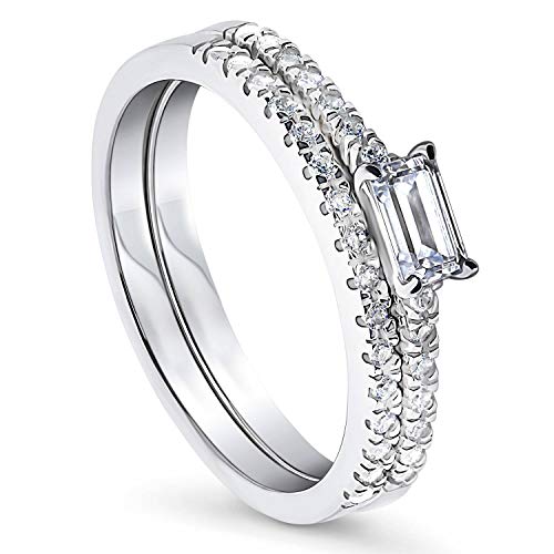 BERRICLE Rhodium Plated Sterling Silver East-West Solitaire Engagement Wedding Ring Set Made with Swarovski Zirconia Emerald Cut 0.5 CTW Size 5