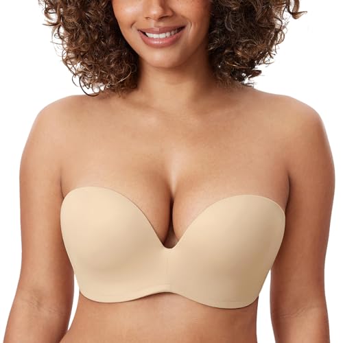 DELIMIRA Women's Strapless Bra Plunge Push Up for Big Busted Seamless Slightly Lined Support Lift Plus Size Invisible Light Oatmeal 36D