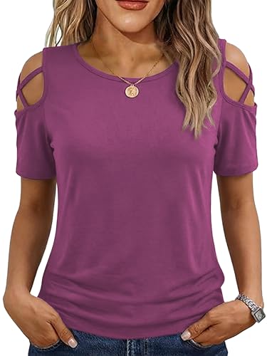 Image of Jar of Love Women's Summer Tops Short Sleeve Cold Shoulder Tops T-Shirts for Women Spring Summer Tops Loose Fit Tunic 2026