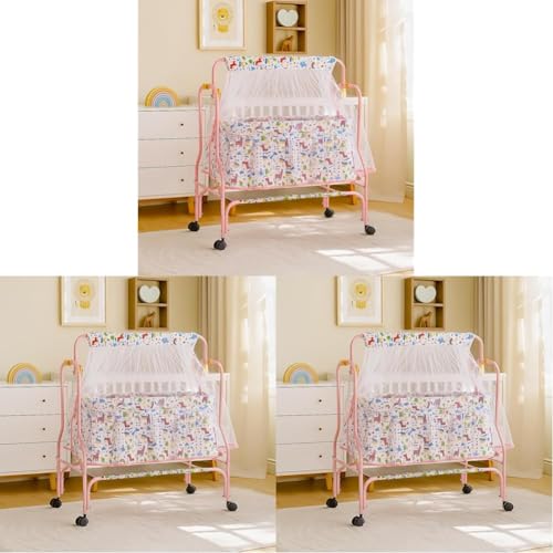 Image of Amazon Brand - Supples Baby Cradle with Swing & Mosquito Net | 0-8 Months | Swing Lock | 4 Wheels with Brake | Soft & Comfortable for Baby Sleep | Sturdy Mild Steel Frame | Pink (Pack of 3)