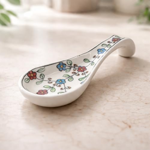 Image of Handcrafted Floral Ceramic Spoon Rest, Kitchen Counter Spoon Holder for Cooking Utensils, Ladle & Spatula Rest, Heat Resistant Kitchen Accessory | Spoon Rest for Kitchen & Dining