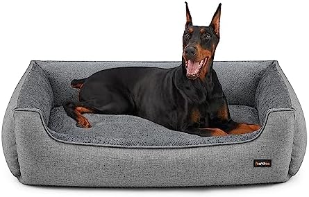 Feandrea Hundebett, in Leinenoptik, erhöhte Ränder, 120 x 90 x 30 cm | Hundebett, Hundekissen, 120 cm, rutschfeste Unterseite, Bezug abnehmbar waschbar, Taubengrau, Beakon Kollekti