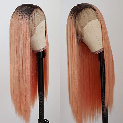 Missyvan Long Straight Hair Peach Color Synthetic Lace Front Wigs Ombre Glueless Heat