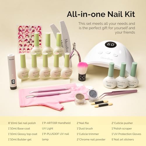 Image of MelodySusie Gel Nail Polish Kit with P-Plus30F UV Nail Lamp - Handheld Cordless P-Art01R UV Light Classic Popular Colors Plant Based Gel Polish with Top Coat Base Coat Builder Manicure Tools