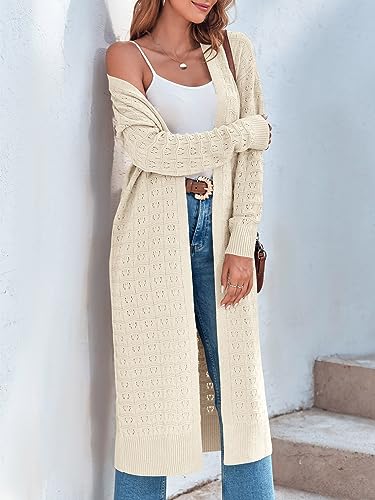 ZoeAce Womens Crochet Maxi Cardigan Sweaters Open Front Knit Long Sleeve Lightweight Duster Cardigan Casual Winter Outfits3
